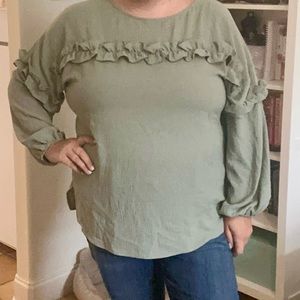 Boutique brand light green long sleeve blouse with ruffle details, size 3X